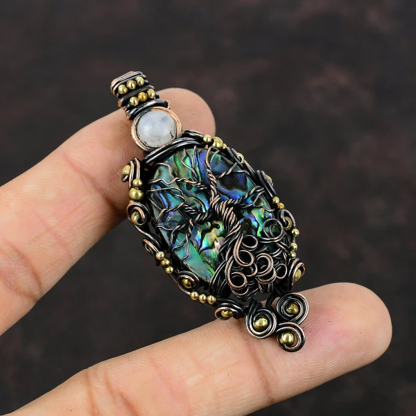 Abalone Shell Oval Green Handmade Copper Wire Wrapped Pendant