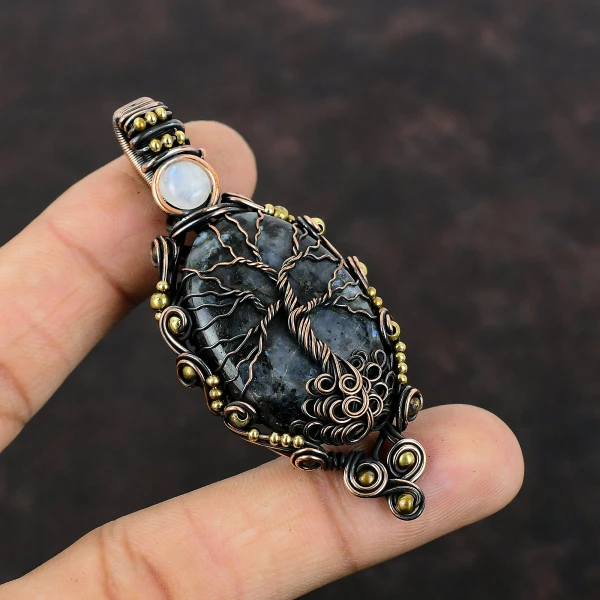 Larvikite Oval Black Handmade Copper Wire Wrapped Pendant