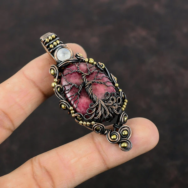Rhodonite Oval Pink Handmade Copper Wire Wrapped Pendant