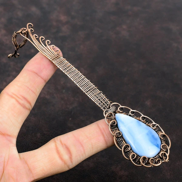 Owyhee Blue Opal Pear Blue Handmade Copper Wire Wrapped Pendant