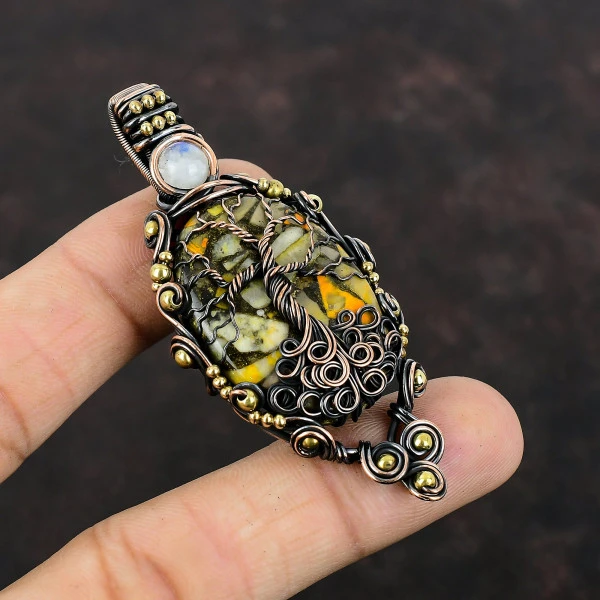 Copper Bumble Bee Jasper Oval Yellow Handmade Copper Wire Wrapped Pendant