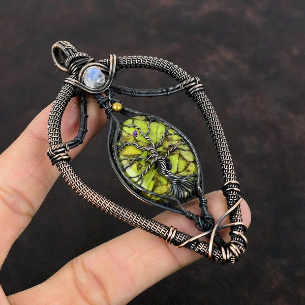 Copper Stichtite Oval Green Handmade Copper Wire Wrapped Pendant