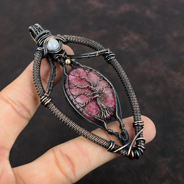 Rhodonite Oval Pink Handmade Copper Wire Wrapped Pendant