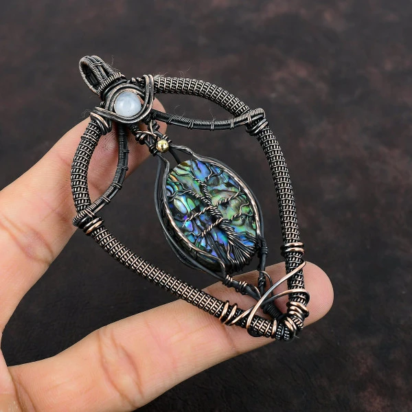 Abalone Shell Oval Blue Handmade Copper Wire Wrapped Pendant
