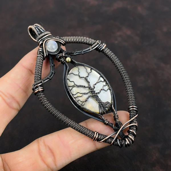 Mother Of Pearl Oval White Handmade Copper Wire Wrapped Pendant