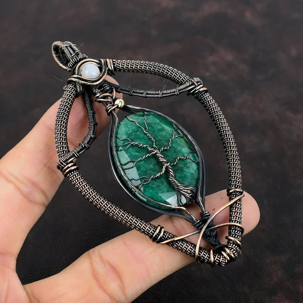 Zambian Emerald Oval Green Handmade Copper Wire Wrapped Pendant