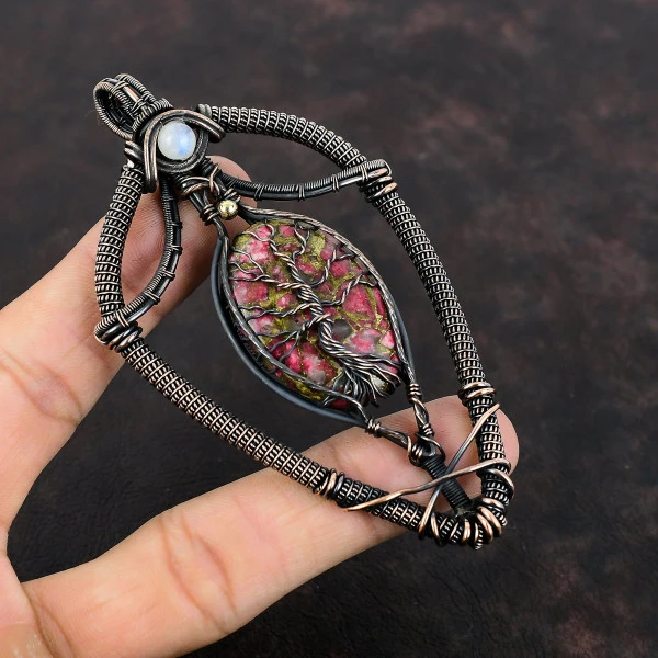 Copper Thulite Oval Pink Handmade Copper Wire Wrapped Pendant