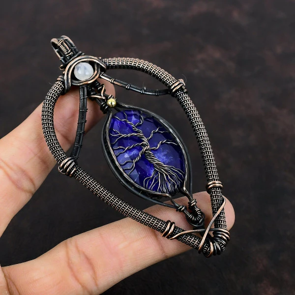 Blue Sapphire Oval Blue Handmade Copper Wire Wrapped Pendant