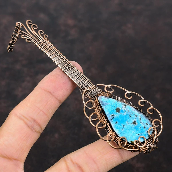 Tibetan Turquoise Pear Blue Handmade Copper Wire Wrapped Pendant