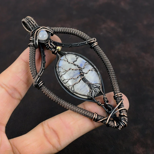 Rainbow Moonstone Oval White Handmade Copper Wire Wrapped Pendant