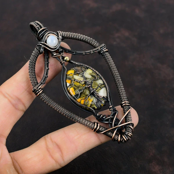 Copper Bumble Bee Jasper Oval Yellow Handmade Copper Wire Wrapped Pendant