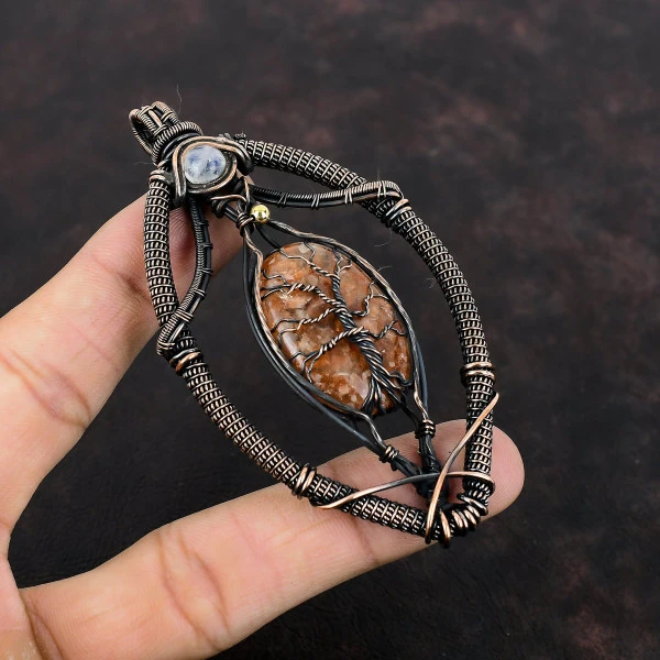 Sunstone Oval Orange Handmade Copper Wire Wrapped Pendant