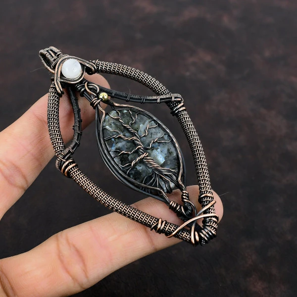 Larvikite Oval Black Handmade Copper Wire Wrapped Pendant