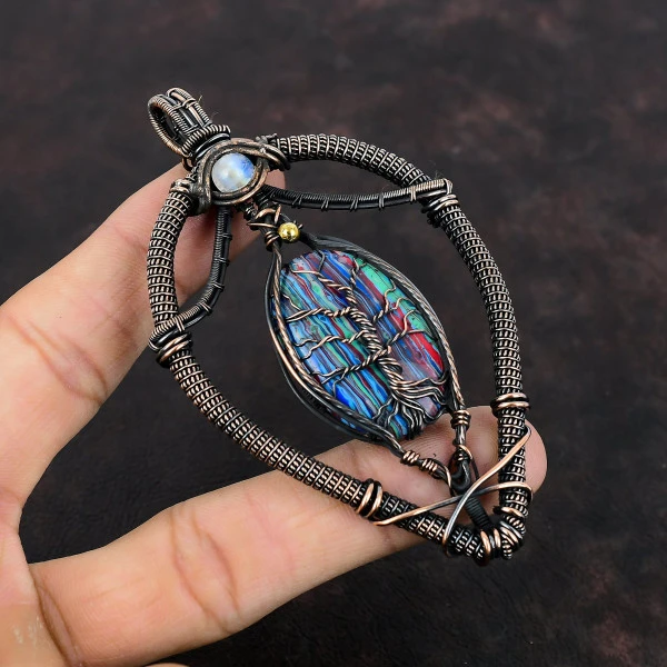 Rainbow Calsilica Oval Blue Handmade Copper Wire Wrapped Pendant