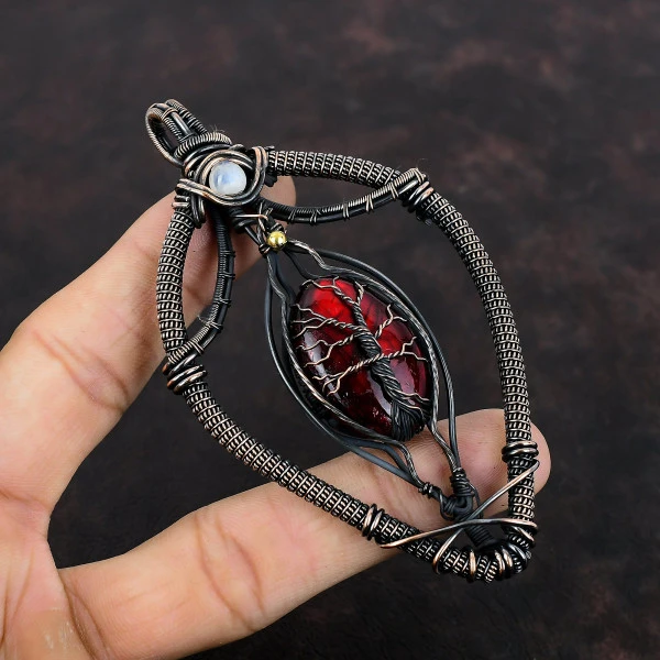 Red Fire Labradorite Oval Red Handmade Copper Wire Wrapped Pendant