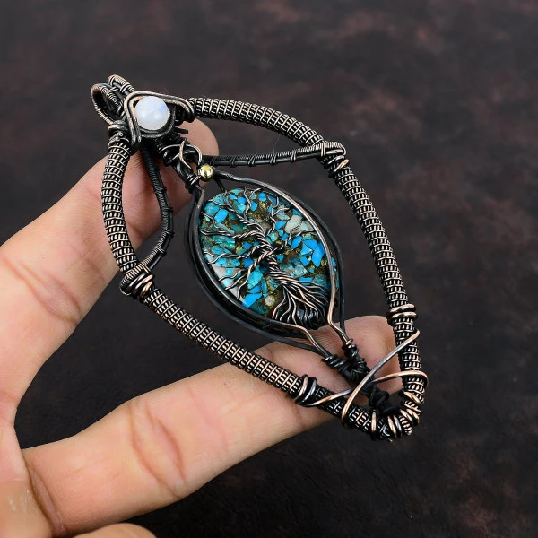 Copper Chrysocolla Oval Blue Handmade Copper Wire Wrapped Pendant