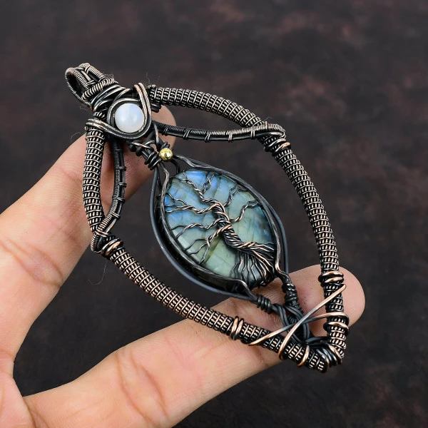 Labradorite Oval Gray Handmade Copper Wire Wrapped Pendant