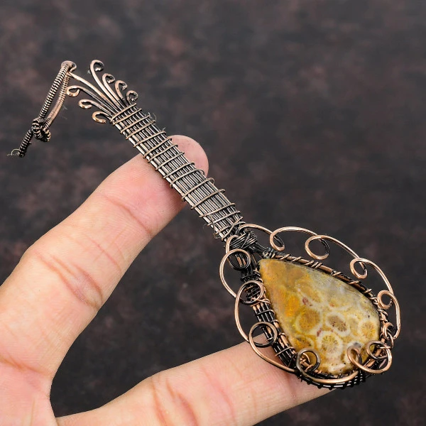 Fossil Coral Pear Brown Handmade Copper Wire Wrapped Pendant