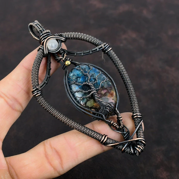 Watermelon Tourmaline Oval Blue Handmade Copper Wire Wrapped Pendant