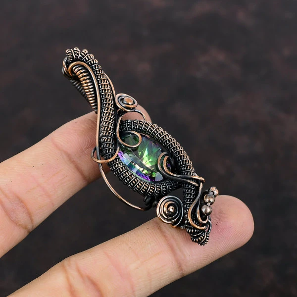 Rainbow Mystic Topaz Oval Green Handmade Copper Wire Wrapped Pendant