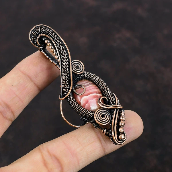 Rhodochrosite Oval Pink Handmade Copper Wire Wrapped Pendant