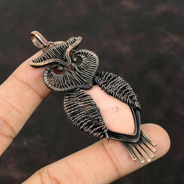 Pink Opal Pear Pink Handmade Copper Wire Wrapped Pendant