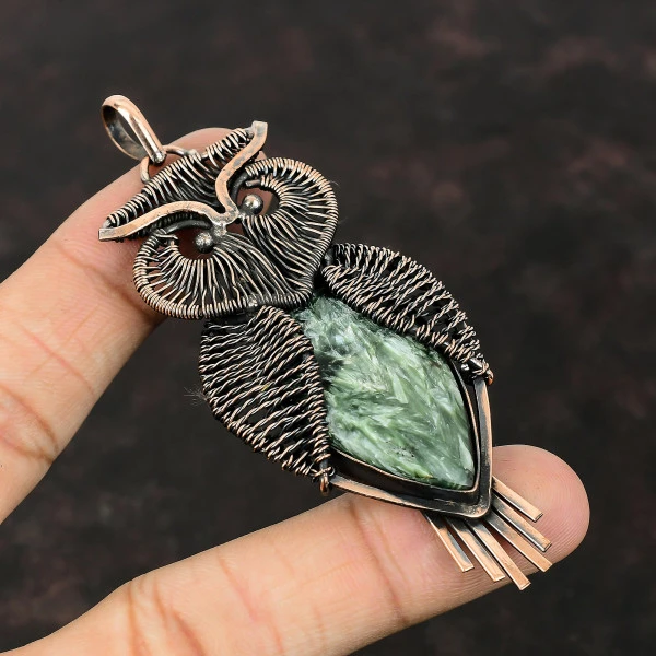 Seraphinite Pear Green Handmade Copper Wire Wrapped Pendant
