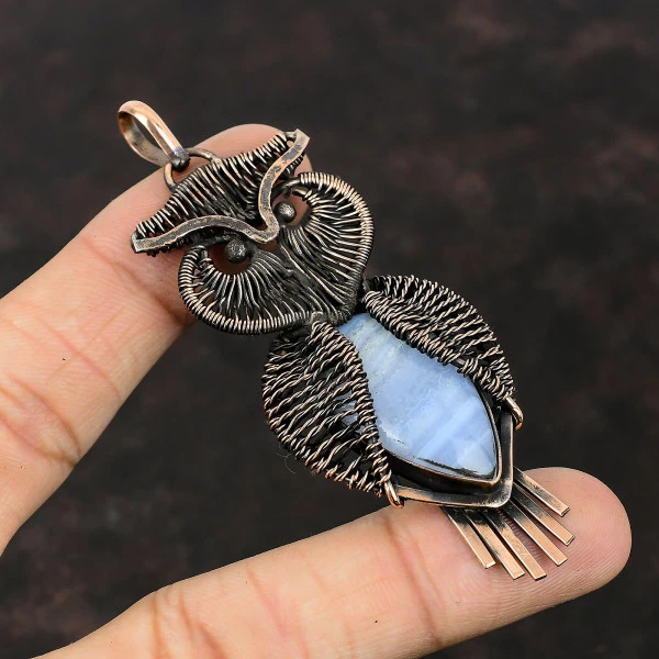 Blue Lace Agate Pear Blue Handmade Copper Wire Wrapped Pendant
