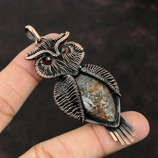 Dinosaur Bone Pear Red Handmade Copper Wire Wrapped Pendant