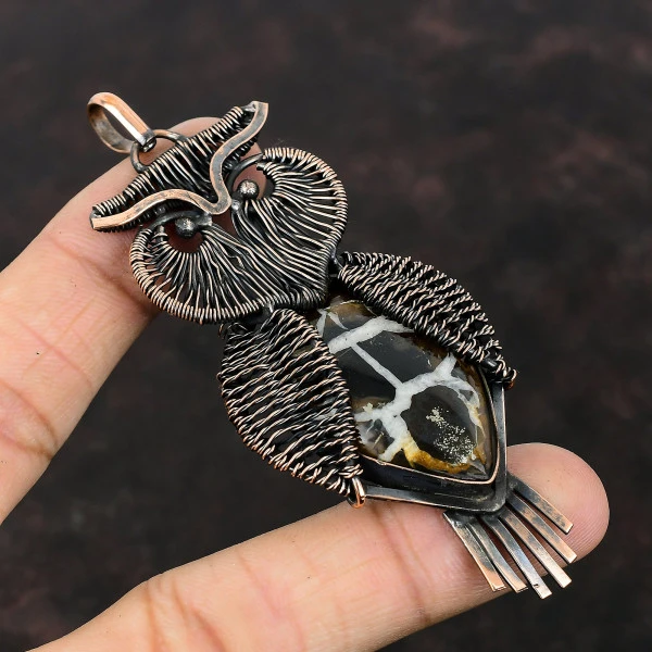Moroccan Mud Crack Fossil Pear Brown Handmade Copper Wire Wrapped Pendant