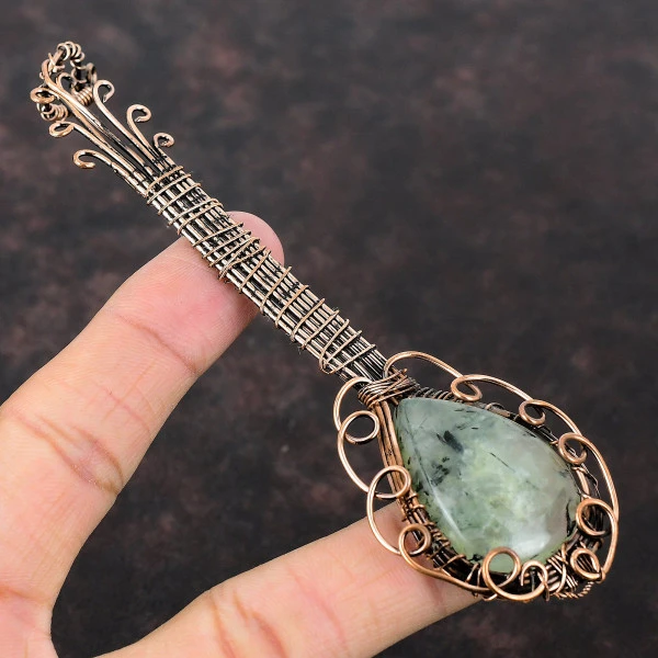 Moss Prehnite Pear Green Handmade Copper Wire Wrapped Pendant