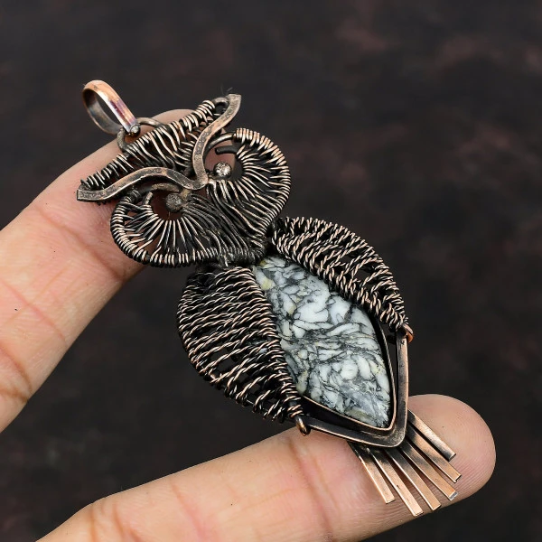 Pinolith Jasper Pear Black Handmade Copper Wire Wrapped Pendant
