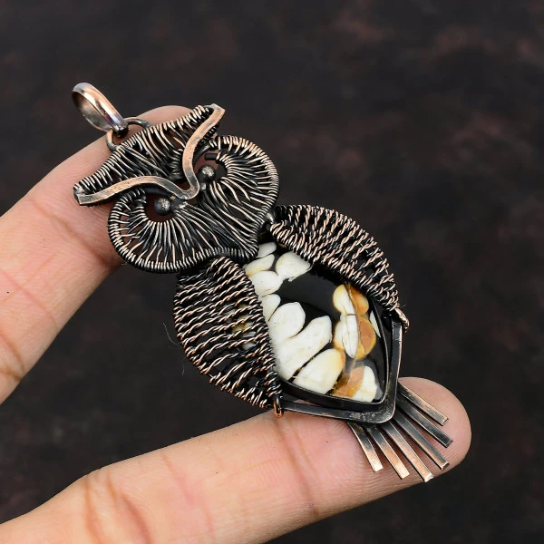 Peanut Wood Jasper Pear Brown Handmade Copper Wire Wrapped Pendant