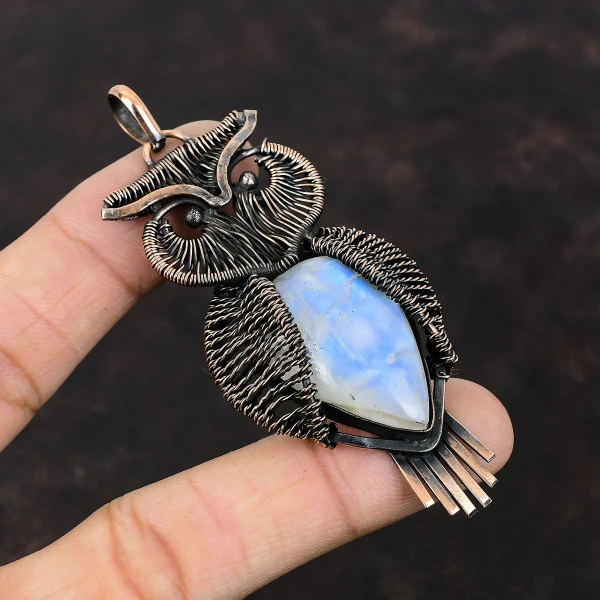 Rainbow Moonstone Pear White Handmade Copper Wire Wrapped Pendant