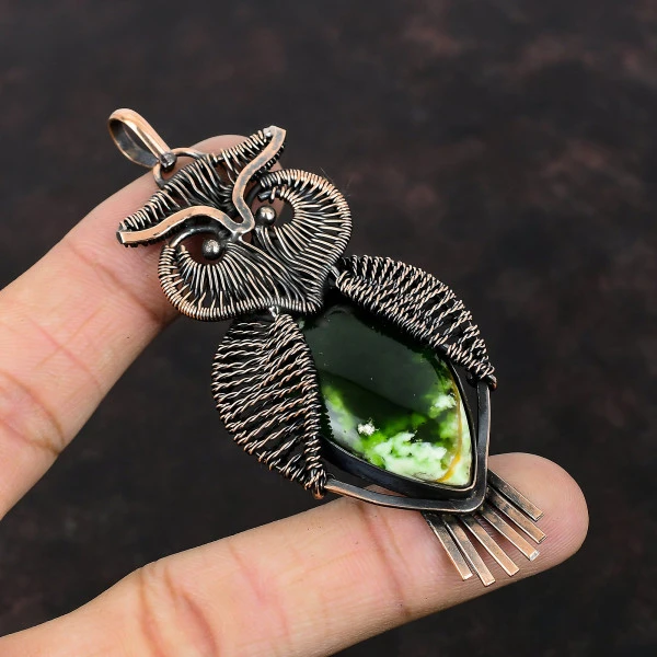Australian Chrome Chalcedony Pear Green Handmade Copper Wire Wrapped Pendant