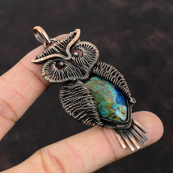 Azurite Malachite Pear Blue Handmade Copper Wire Wrapped Pendant