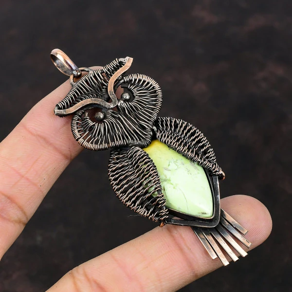 Lemon Chrysoprase Pear Green Handmade Copper Wire Wrapped Pendant