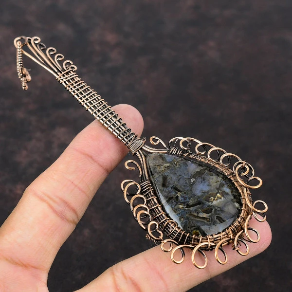 Stick Agate Pear Black Handmade Copper Wire Wrapped Pendant