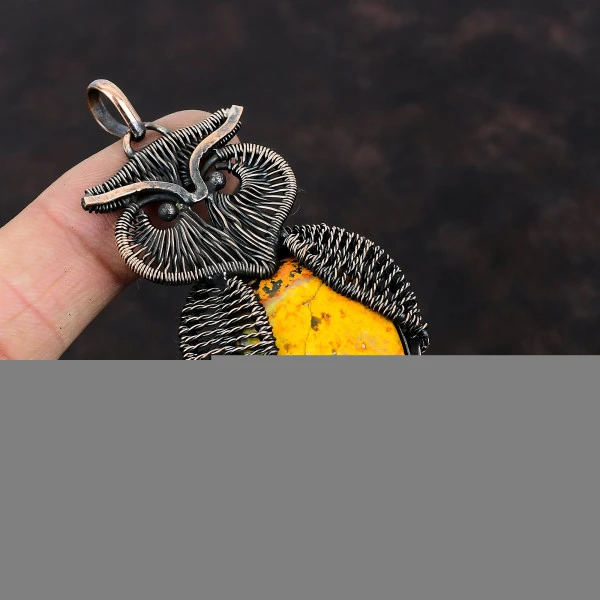 Bumble Bee Jasper Pear Yellow Handmade Copper Wire Wrapped Pendant