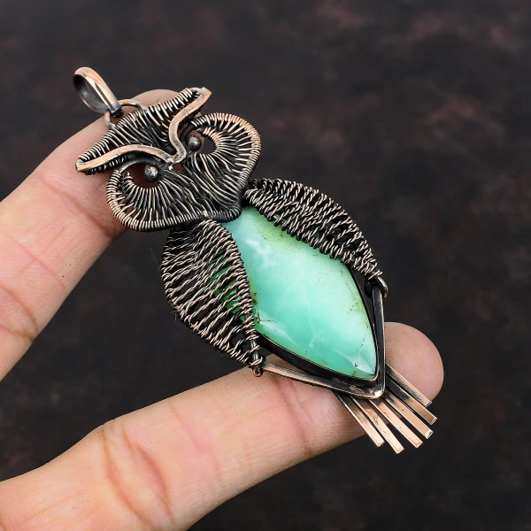 Chrysoprase Pear Green Handmade Copper Wire Wrapped Pendant