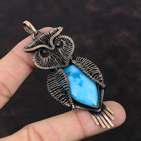 Smithsonite Pear Blue Handmade Copper Wire Wrapped Pendant
