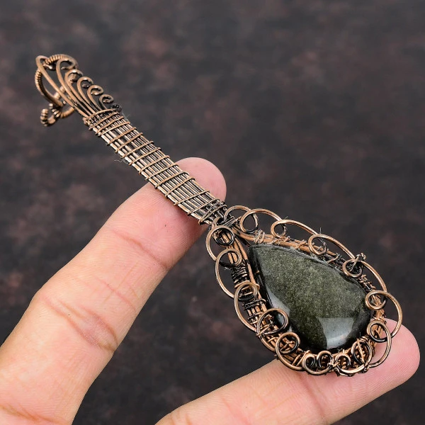 Silver Sheen Obsidian Pear Black Handmade Copper Wire Wrapped Pendant
