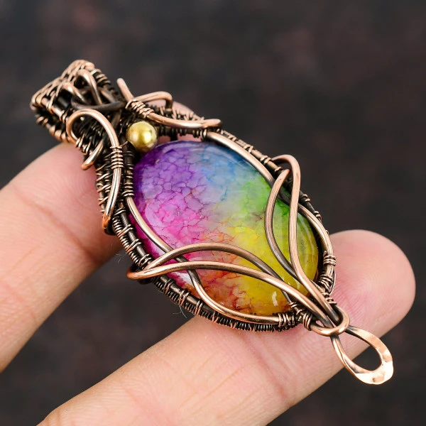 Rainbow Solar Quartz Druzy Oval Purple Handmade Copper Wire Wrapped Pendant