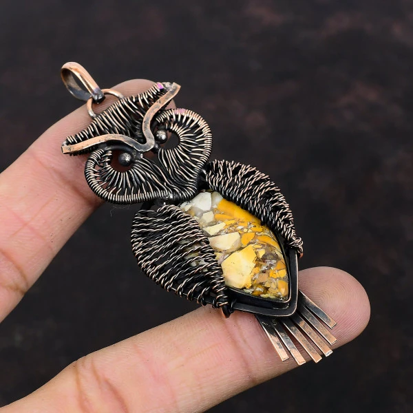 Brecciated Mookaite Pear Yellow Handmade Copper Wire Wrapped Pendant