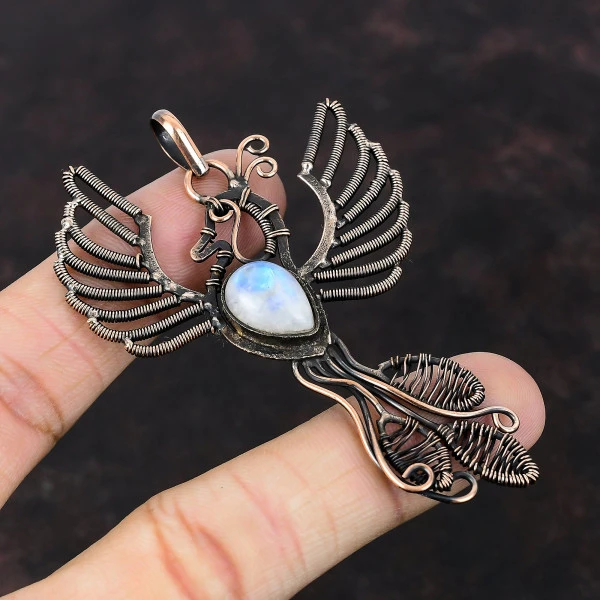 Rainbow Moonstone Pear White Handmade Copper Wire Wrapped Pendant