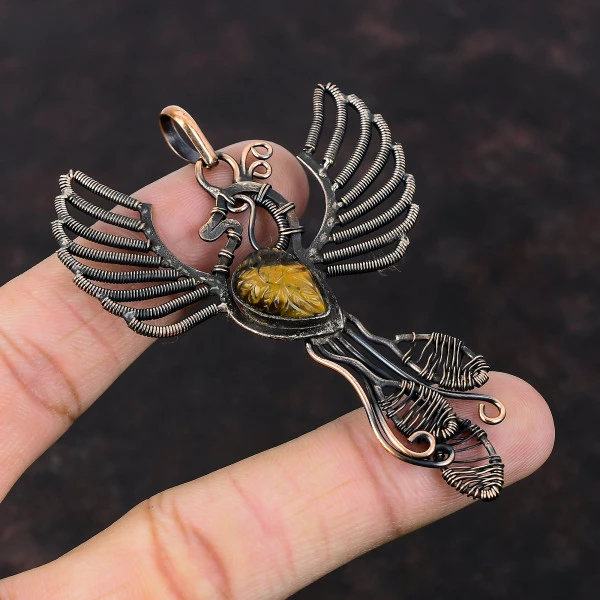 Carved Tiger's Eye Pear Yellow Handmade Copper Wire Wrapped Pendant