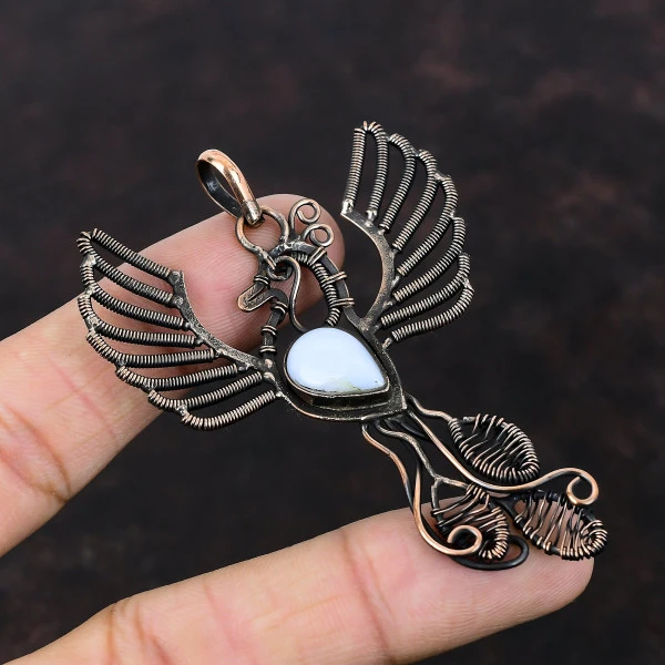 Blue Lace Agate Pear Blue Handmade Copper Wire Wrapped Pendant
