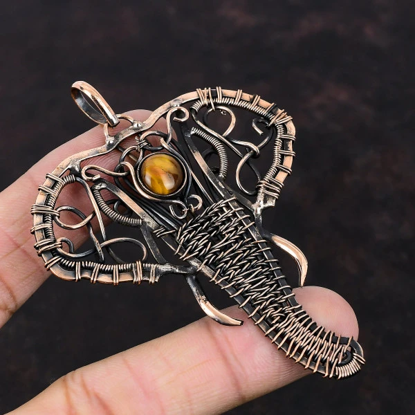Tiger's Eye Round Brown Handmade Copper Wire Wrapped Pendant