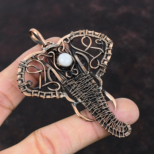 Rainbow Moonstone Round White Handmade Copper Wire Wrapped Pendant