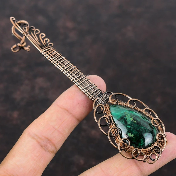 Malachite Pear Green Handmade Copper Wire Wrapped Pendant